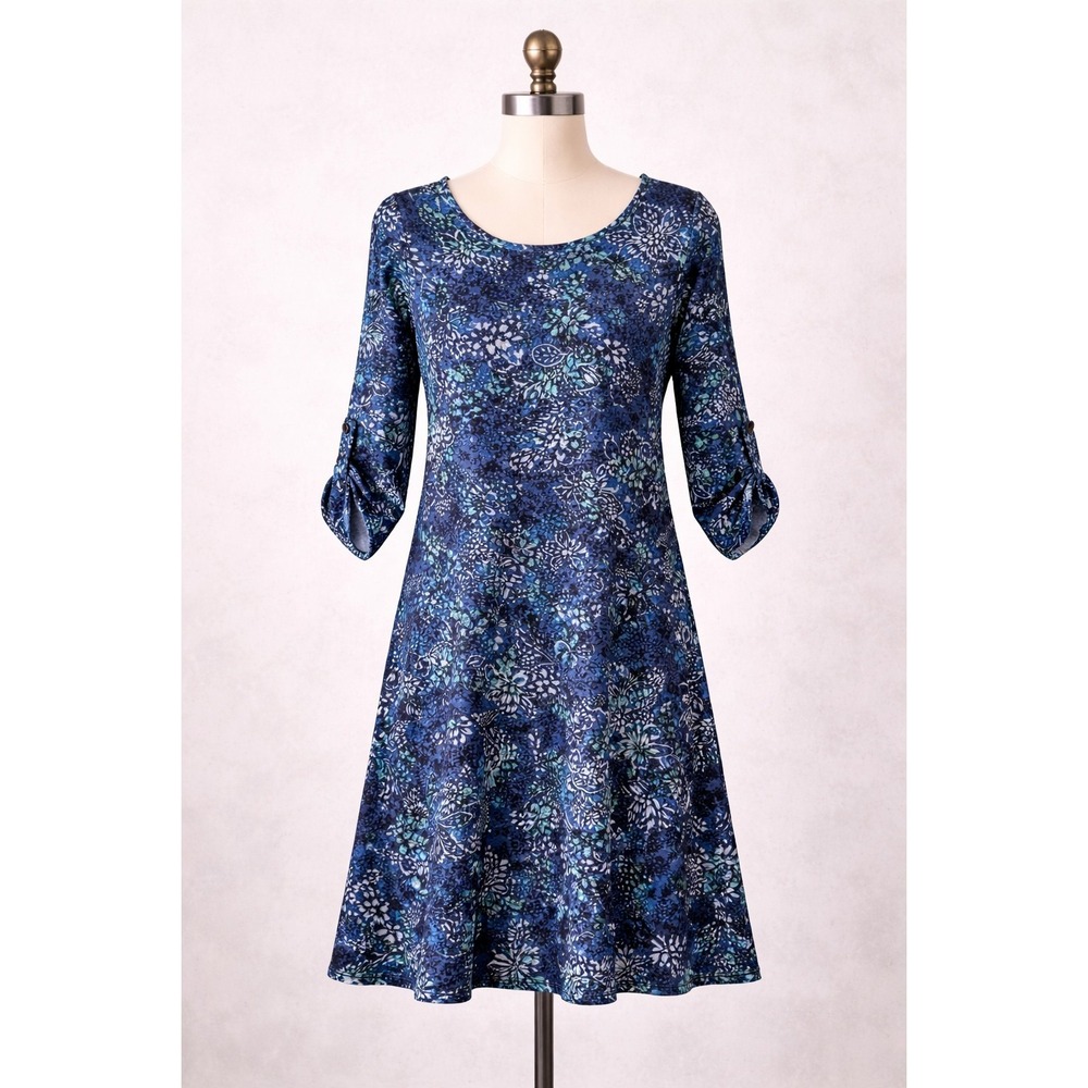 Ava & Grace Blue Floral Swing Dress Women's Medium‎ 3/4 Sleeve NWT Stretch